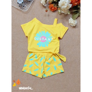 (9-23Kg) ĐỒ BỘ BÉ GÁI QUẦN ĐÙI ÁO KIỂU LỆCH VAI IN HOA CÚC XINH XẮN