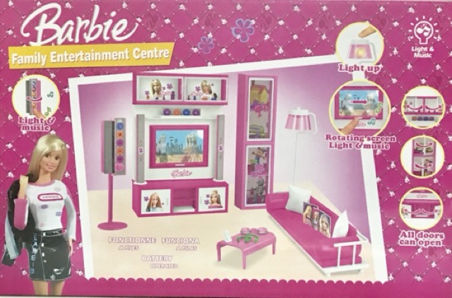 Đồ chơi ngôi NHÀ BÚP BÊ barbie có căn phòng khách xinh xắn với Tivi, ghế sofa, máy nghe nhạc, tủ kệ siêu đẹp