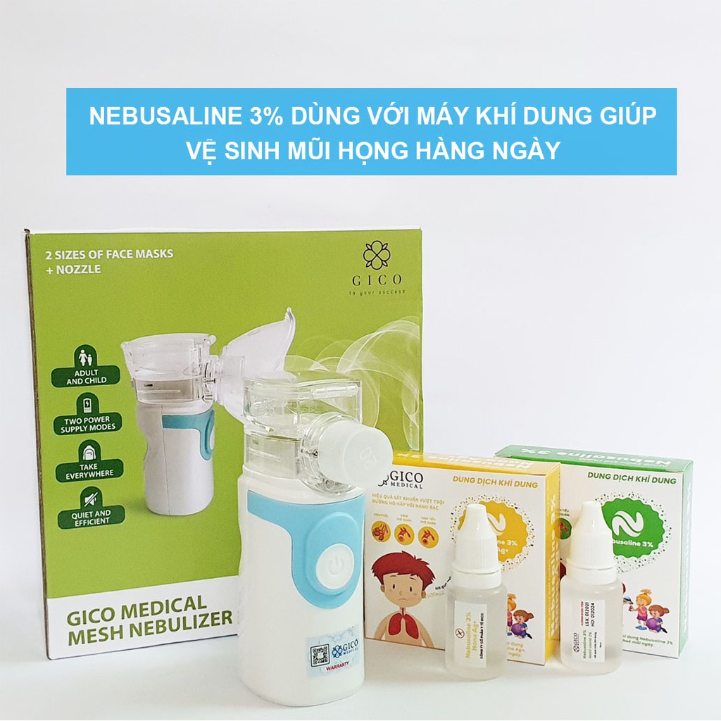 Nước muối ưu trương NEBUSALINE 3% ION BẠC, nước muối KHÍ DUNG nhỏ mũi hỗ trợ trị viêm xoang, phế quản(3 lọ x 15ml)