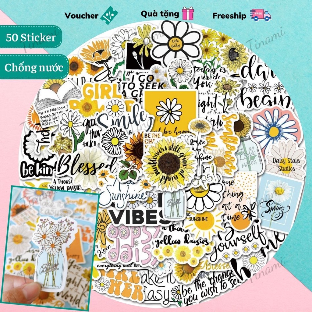 Bộ 50 Sticker hoạ tiết hoa cúc hình dán chống nước trang trí điện thoại laptop vali decor phòng