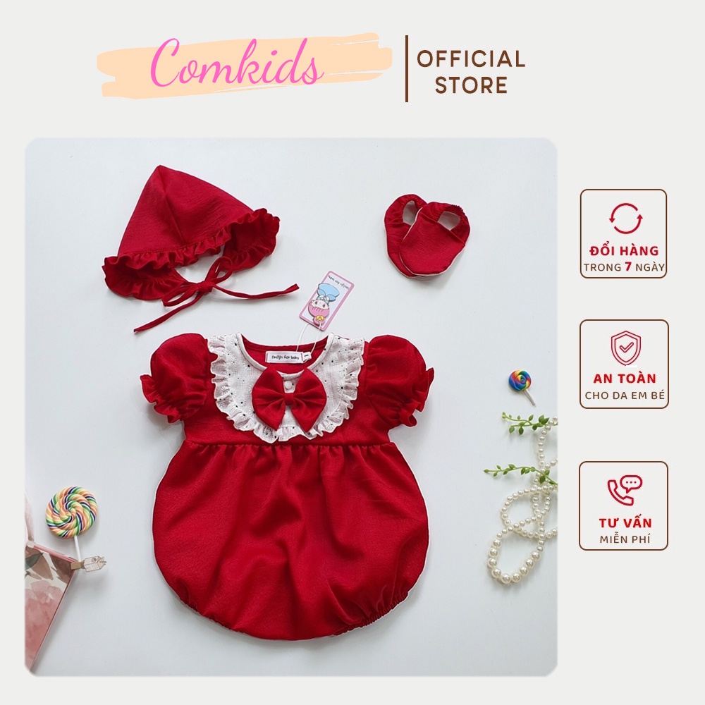 Bodysuit Mận Cộc Tay Cho Bé Gái Tặng Kèm Mũ+ Giày Vải Cho Bé, Chất Lụa Ướt Phối Ren Mềm Mướt, Dịp Đầy Tháng, Thôi Nôi