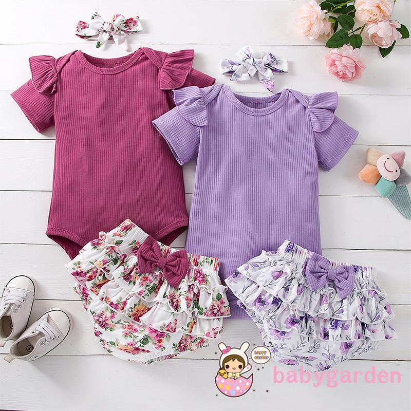 BABYGARDEN Newborn Girl Three-Piece Outfits, Short Sleeve Round Neck Romper + Floral Print Bow Decor Ruffles Shorts +