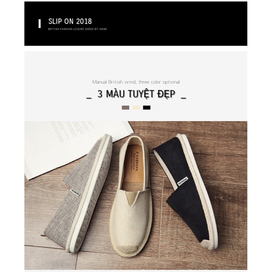 Slip on nam - Giày lười vải nam cao cấp - Vải bố màu đen, mũi cói - Mã SP 2905