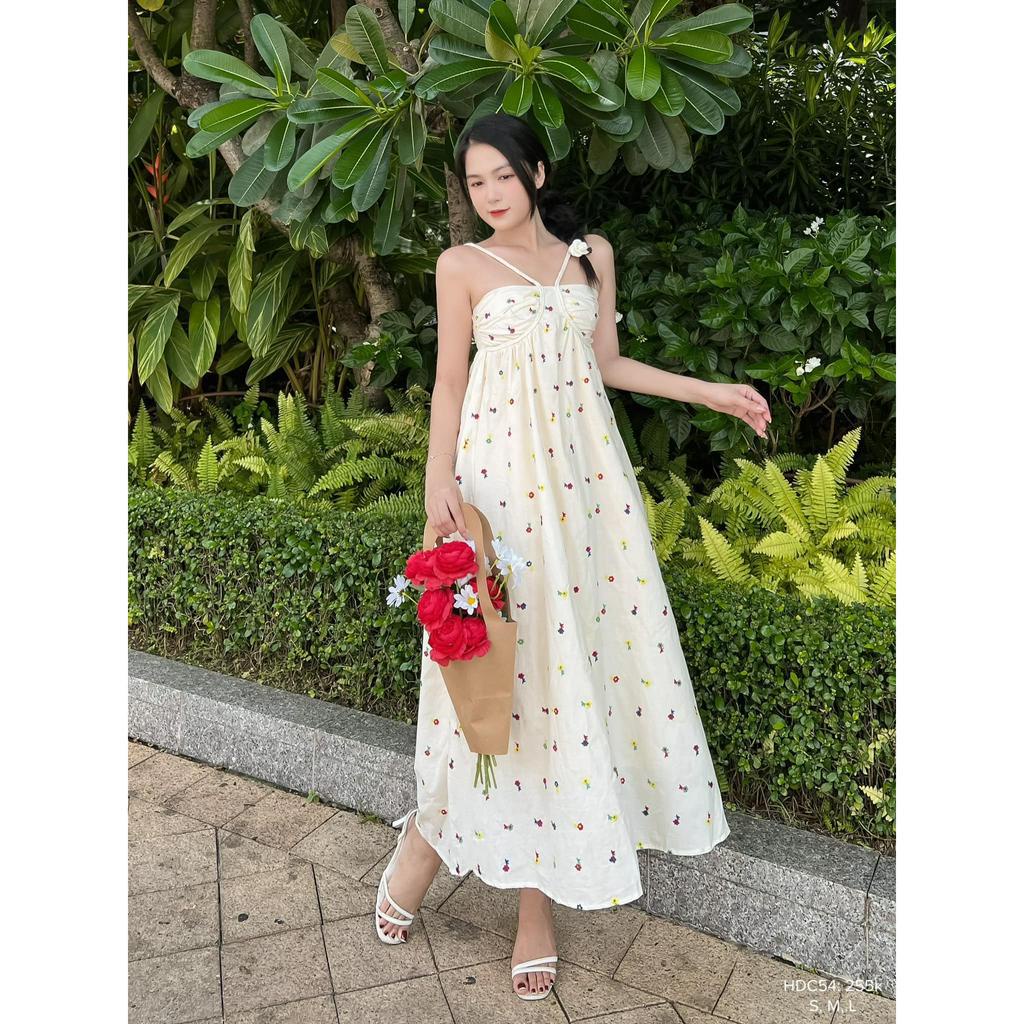 Đầm maxi kate thêu hoa 2 dây đan viền ngực form rộng CHIBEST HDC54