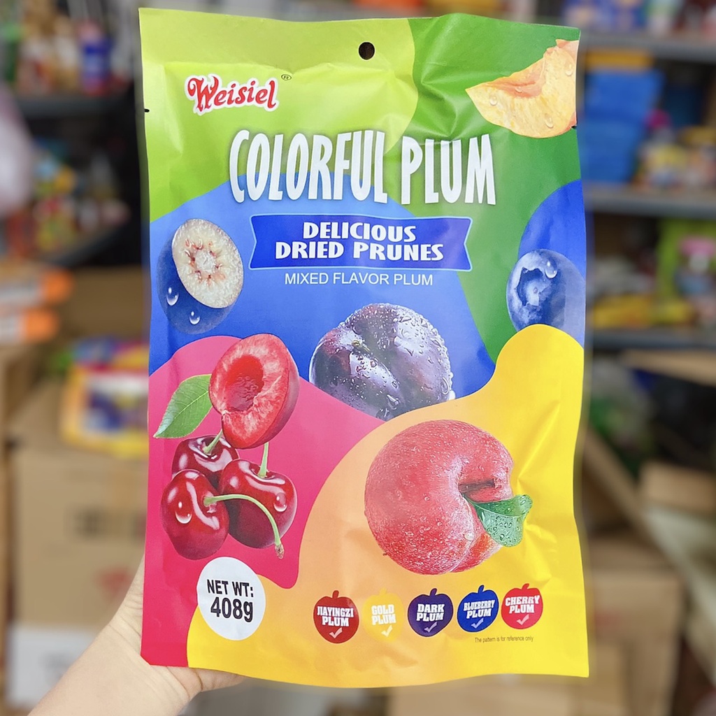 Ô mai xí muội mix nhiều loại trái cây Plum Weisiel 408g (omai ngon: cherry, việt quất, mơ, mận vàng, mận đen, mận đỏ)