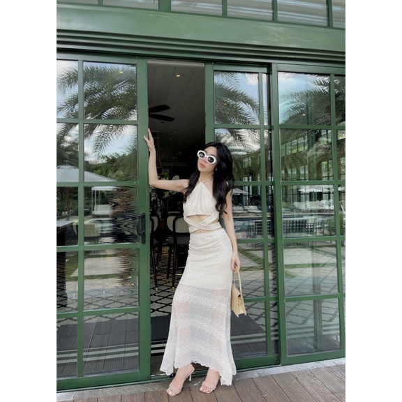 Set áo ren cổ yếm đan eo + Chân váy đuôi cá 🖤