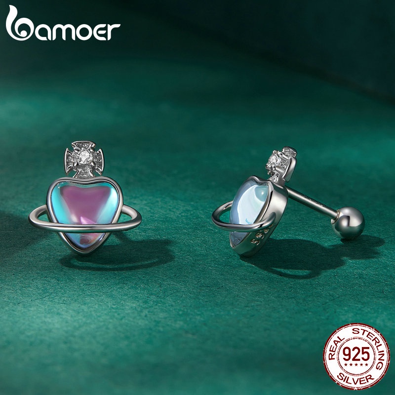 Hoa tai Bamoer bằng bạc 925 hình trái tim thanh lịch