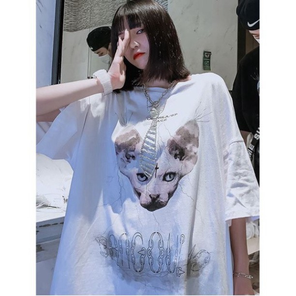ÁO THUN, ÁO PHÔNG TAY LỠ UNISEX FORM RỘNG OVERSIZE ANIME MÈO M603 KL SHOP HNSHOP