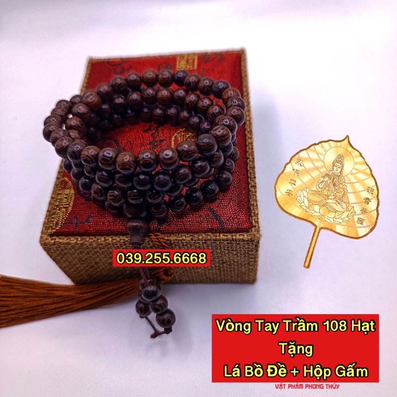 Combo Vòng đeo tay Trầm Hương - Chuỗi tràng 108 Hạt Gỗ Tặng Kèm Lá Bồ Đề Dát Vàng và Hộp Gấm Cao Cấp