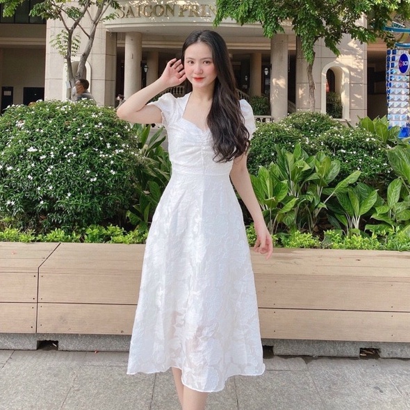 Đầm trắng dự tiệc thêu hoa Cao Cấp dáng xòe cổ thuyền tay ngắn, vải xịn mát mẻ nữ tính quyến rũ - MiNhi