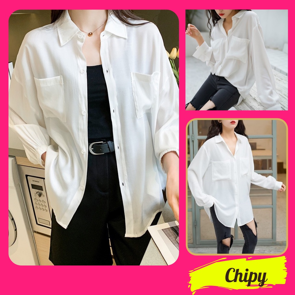 Áo Sơ Mi Nữ From Rộng CHIPY Chất Đũi Kiểu Công Sở Dài Tay Phồng 2 Túi Dáng Dài Hàn Quốc Vải Lụa Màu Trắng Cổ Đức Vintage
