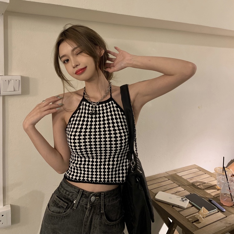 Áo hai dây sọc caro trắng đen cá tính thoải mái thời trang mùa hè phong cách Hàn Quốc