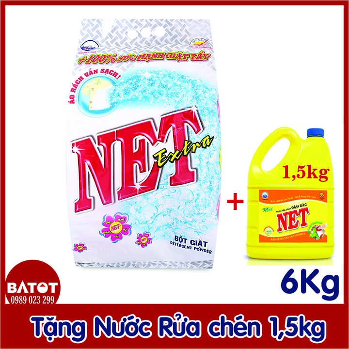 Bột giặt NET Extra Hương Hoa Thiên Nhiên Túi 6kg [Tặng nước rửa chén 1,5kg]