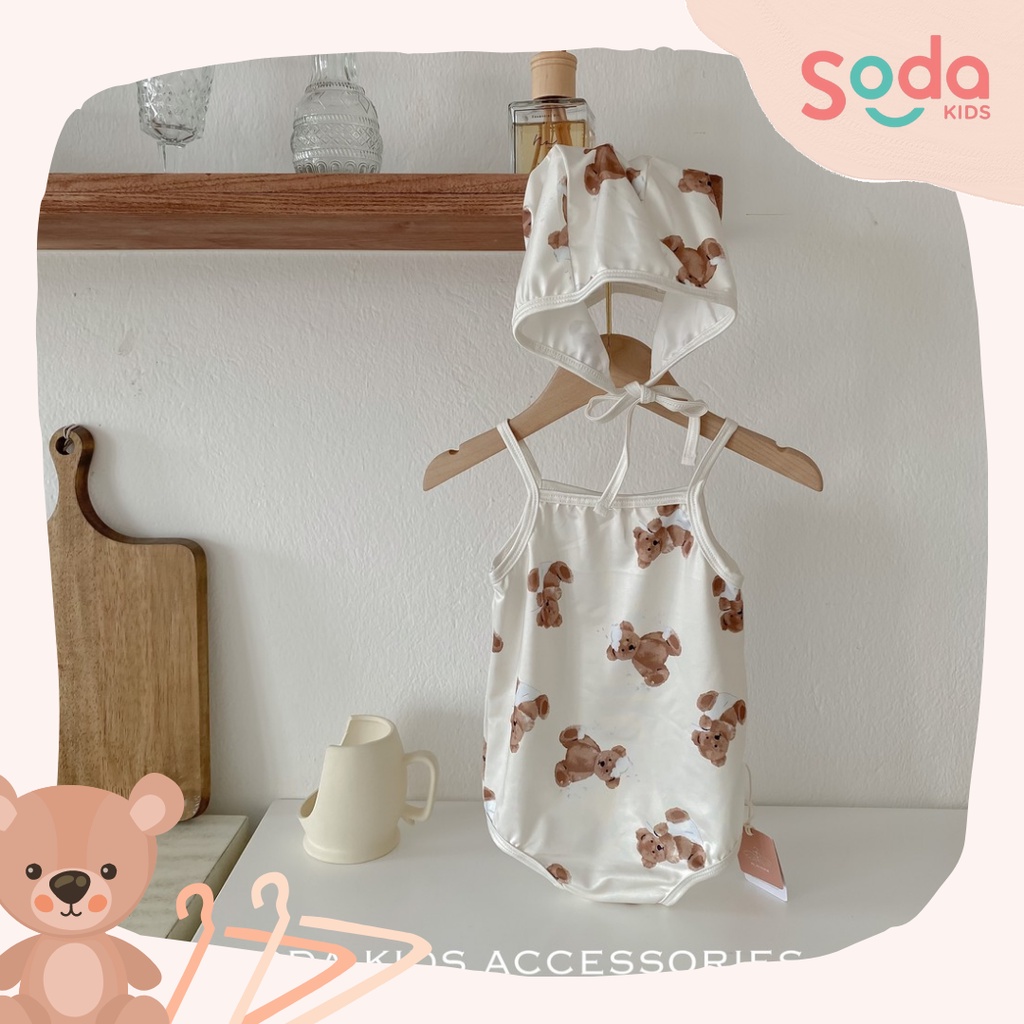 Đồ bơi bé gái 2 dây kèm mũ hoạ tiết gấu Teddy hàng QCCC