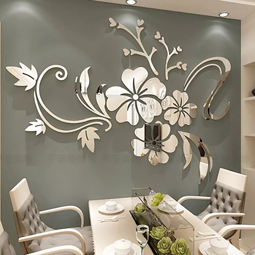 Miếng dán tường acrylic hình bông hoa lớn 3d tráng gương màu bạc đẹp mắt trang trí nội thất nhà cửa