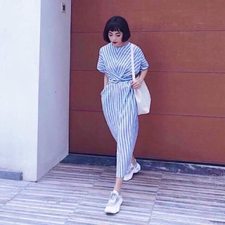 Đầm váy sọc xanh form dài chéo eo (kèm hình thật)