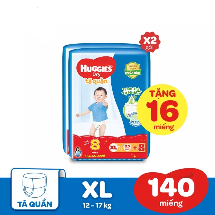 Combo 2 Tã/Bỉm Quần Huggies M74/L68/XL62/XXL56 mẫu đệm mây 4 chiều tặng 16 miếng