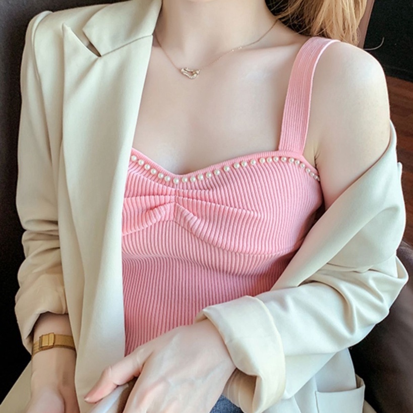 Áo hai dây ZHELIHANGFEI dệt kim ngắn đính hạt công nghiệp gợi cảm