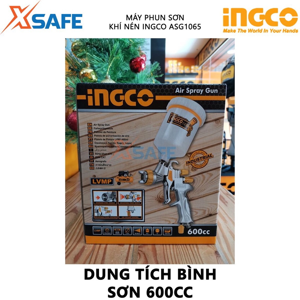 Máy phun sơn khí nén INGCO ASG1065 Súng phun sơn đầu phun tiêu chuẩn 1.3mm, dung tích bình 600cc, lượng khí 5-9cfm