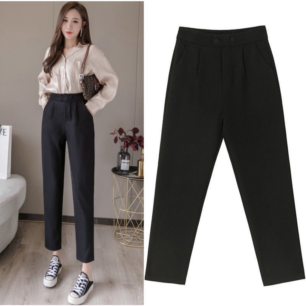 Quần tây đen nữ công sở 2 cúc bấm sắt mặc đi học làm, Quần baggy nữ công sở nữ lưng cao ống đứng