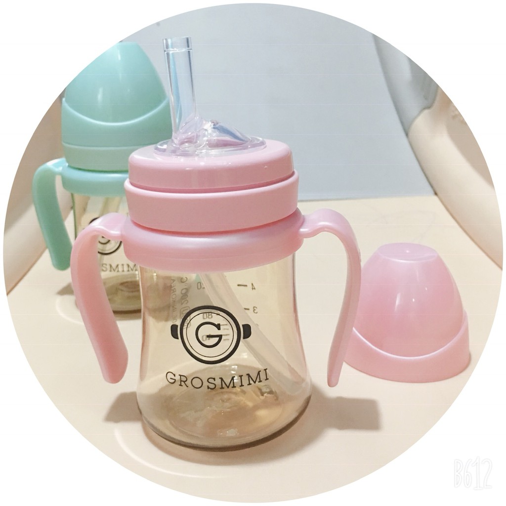 Bình tập hút Grosmimi có tay cầm ống hút màu xanh/ hồng 200ml, bình sữa Grosmimi chính hãng có tem chống hàng giả