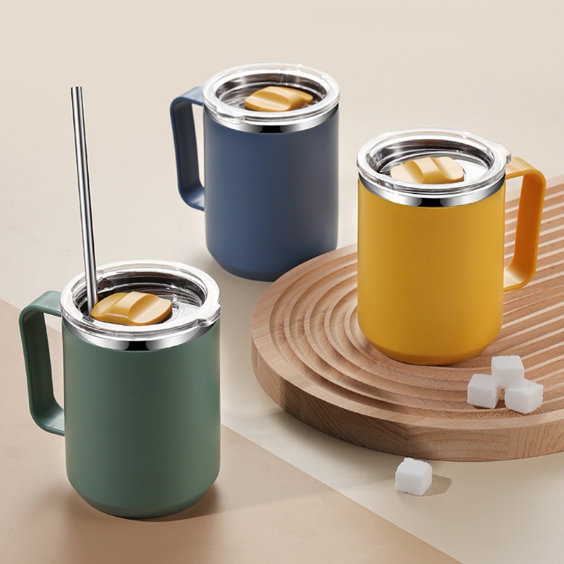 Cốc Uống Nước Bằng Thép Không Gỉ Hai Lớp Cách Nhiệt Có Tay Cầm Và Nắp Đậy Di Động Cho Hoạt Động Ngoài Trời