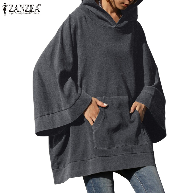 Áo hoodie ZANZEA màu trơn tay áo rộng phối túi mặt trước thời trang mùa đông cho nữ