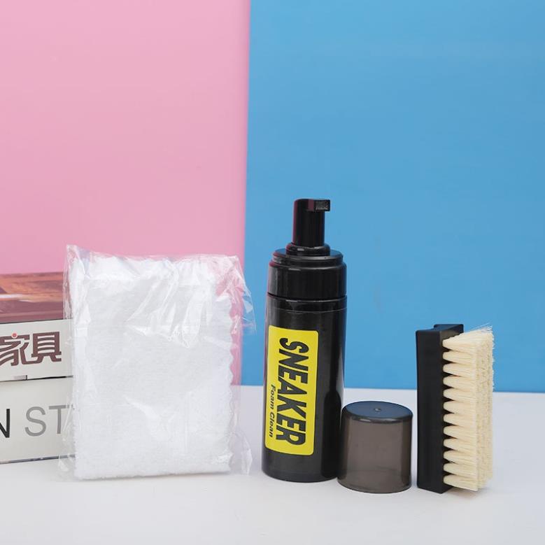 Bộ vệ sinh giày Sneaker Cleaning 3 món gồm chai xịt bọt, bàn chải mềm, khăn lau giặt khô giày trắng, thể thao, da