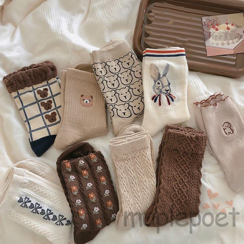Vớ dệt kim màu trơn/ họa tiết hoa/ động vật phong cách vintage mùa đông mang tại nhà đi học đi làm dành cho nữ