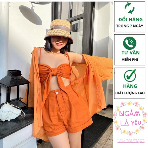 SET bikini, bộ bikini 3 món đi biển vải đũi hàn mềm mát hàng cao cấp