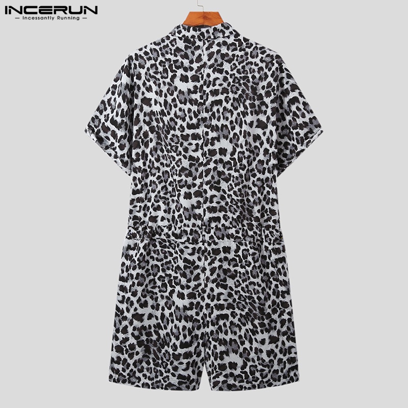 INCERUN Áo Liền Quần Tay Ngắn Dáng Rộng Họa Tiết Da Báo Thời Trang Cá Tính Cho Nam