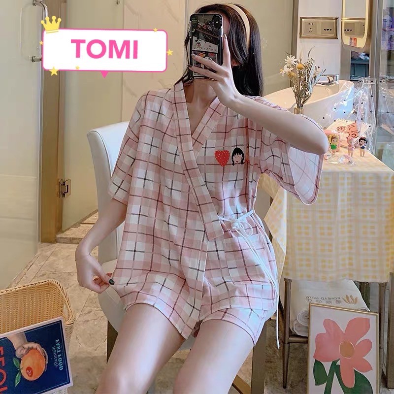Đồ bộ nữ, bộ pijama nữ ngắn tay kẻ hồng buộc dây - TOMI BOUTIQUE | BigBuy360 - bigbuy360.vn