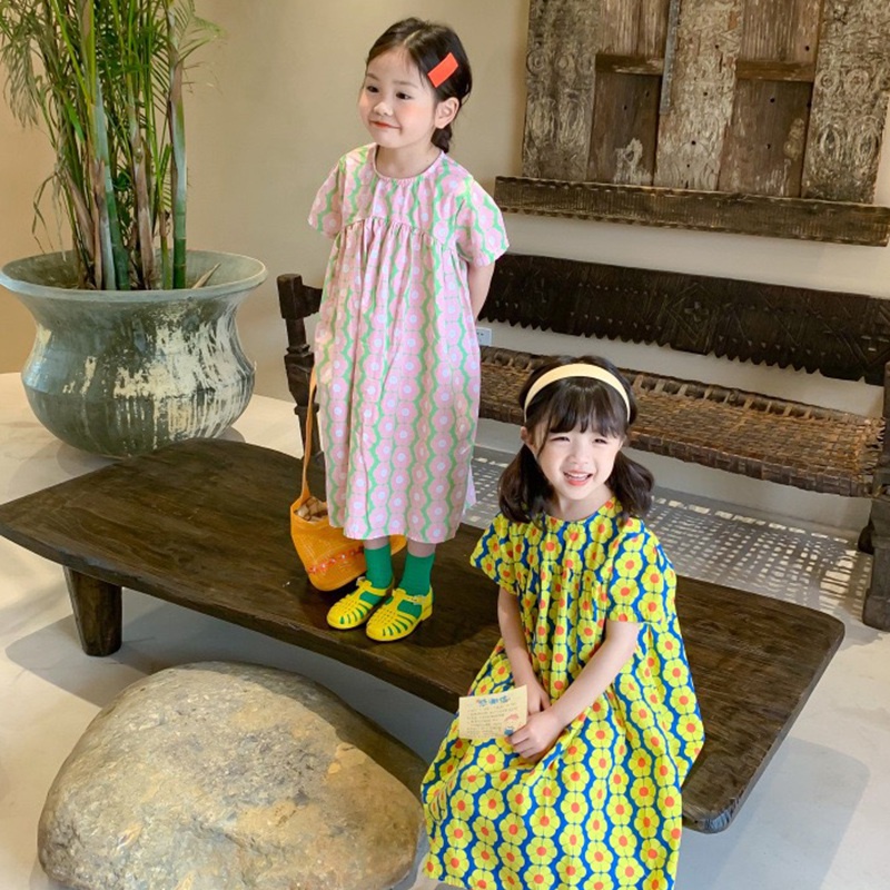 Đầm công chúa form dài cổ tròn in hoa phong cách Hàn Quốc thời trang hè cho bé gái 3-8t