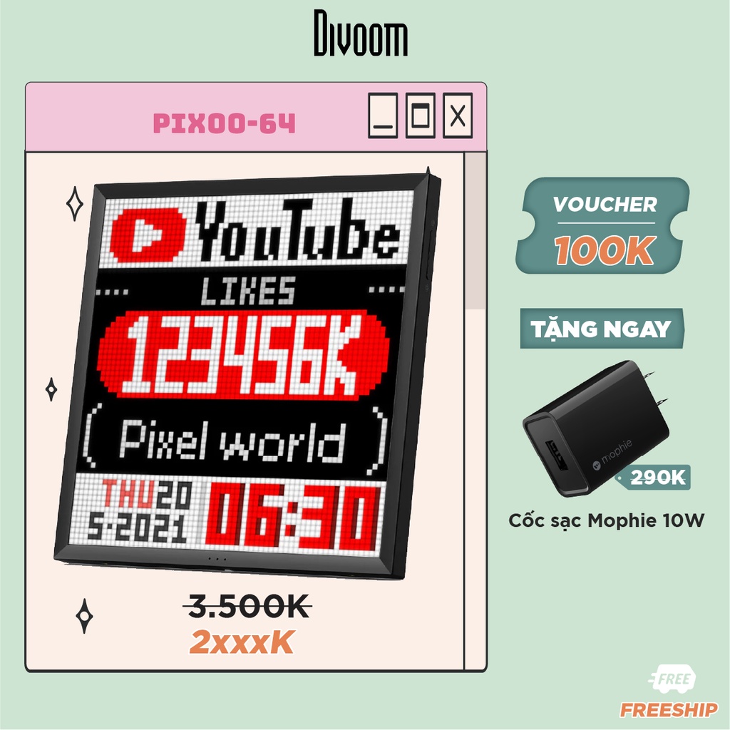 Màn hình LED Divoom Pixoo-64 64x64 pixel tích hợp App nhiều tính năng, có thể trang trí treo treo tường