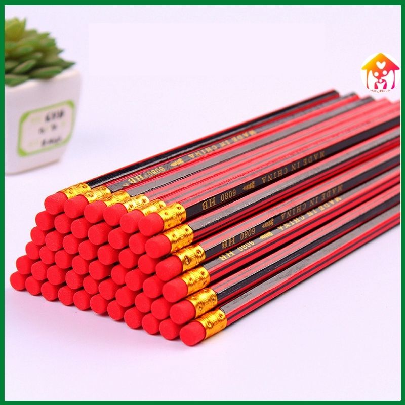 Bút chì thân gỗ lục giác màu đỏ đen kèm tẩy