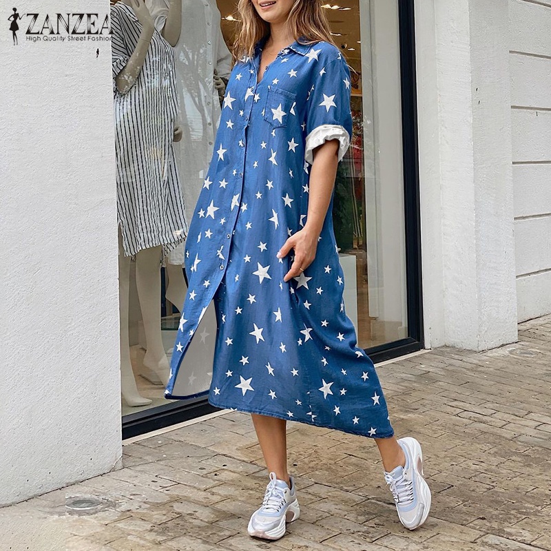 Đầm maxi Zanzea dài tay in họa tiết ngôi sao thời trang dành cho nữ