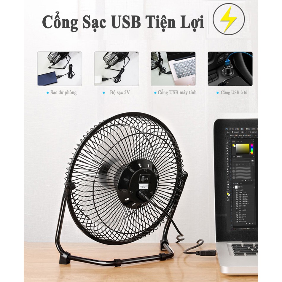 [Freeship] Quạt USB Mini Fan Lồng Sắt 4 inches Để Bàn Mini Quay 360 Độ