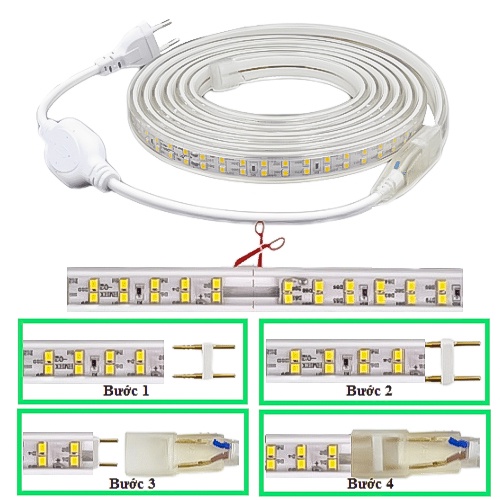 Cuộn 100m đèn LED Dây 2835 220V hai hàng bóng led màu đơn sắc vàng ấm/ trắng/ xanh dương/ lá, chống nước tốt