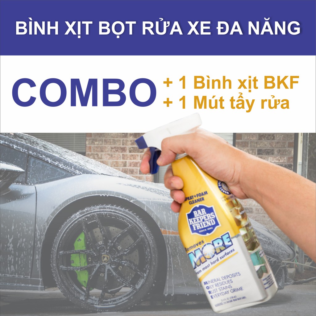 Combo Bình xịt bọt rửa xe đa năng BKF + Mút tẩy rửa 3 lớp cao cấp | 750ml | Bình xịt bọt rửa xe cầm tay tiện dụng USA
