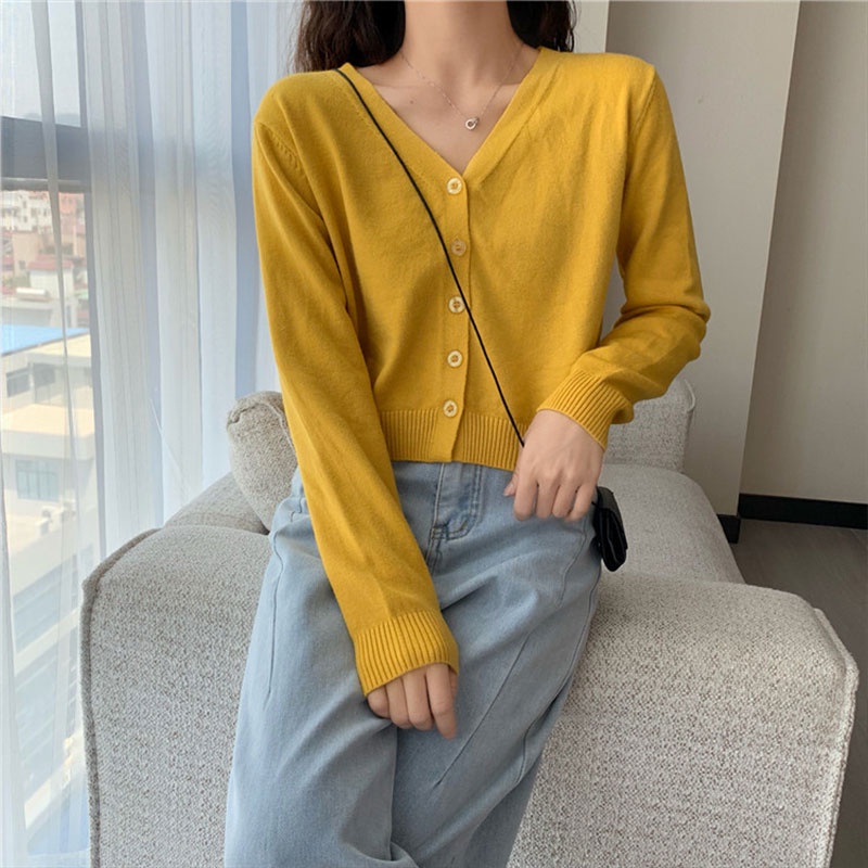 Áo khoác cardigan Xinlanyashe dệt kim tay dài cổ chữ V màu trơn thời trang Hàn Quốc đơn giản cho nữ áo khoác lông tim áo len cổ trái tim nữ