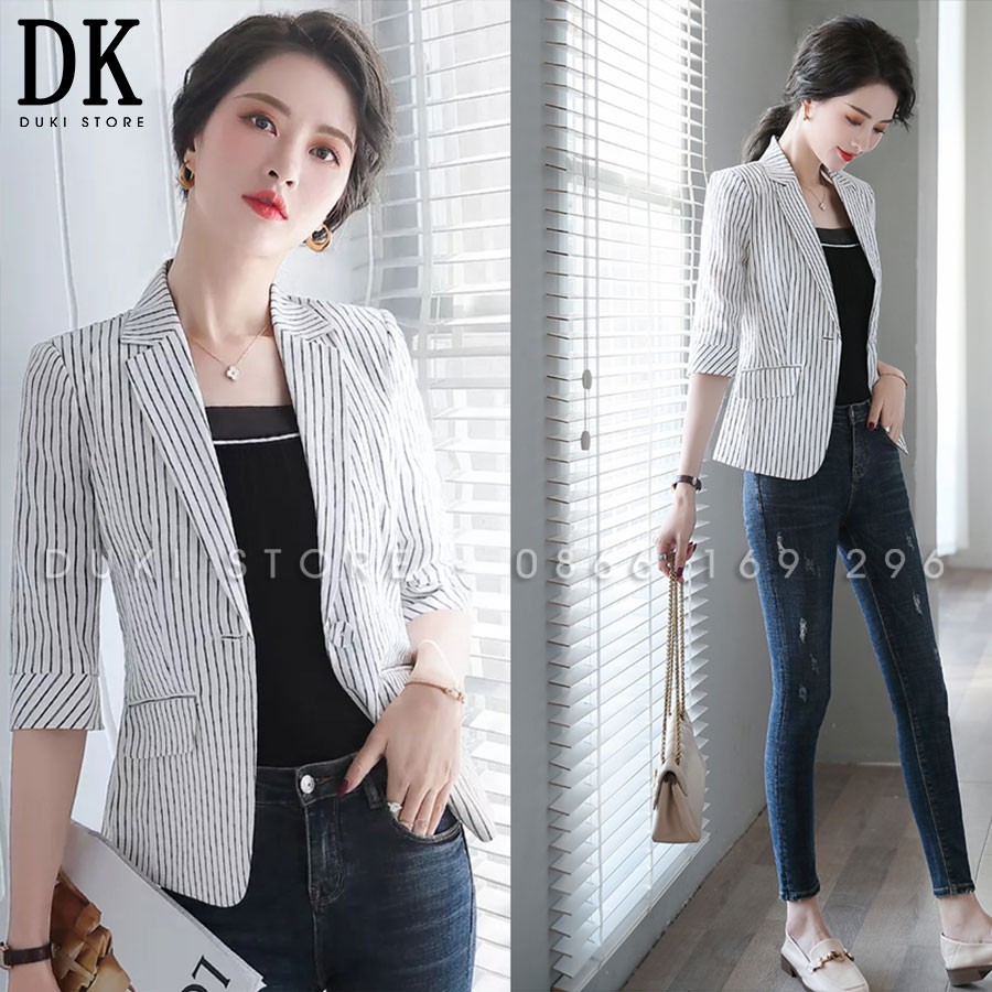 Áo vest nữ blazer tay lỡ kẻ sọc trắng thời trang - DUKI STORE