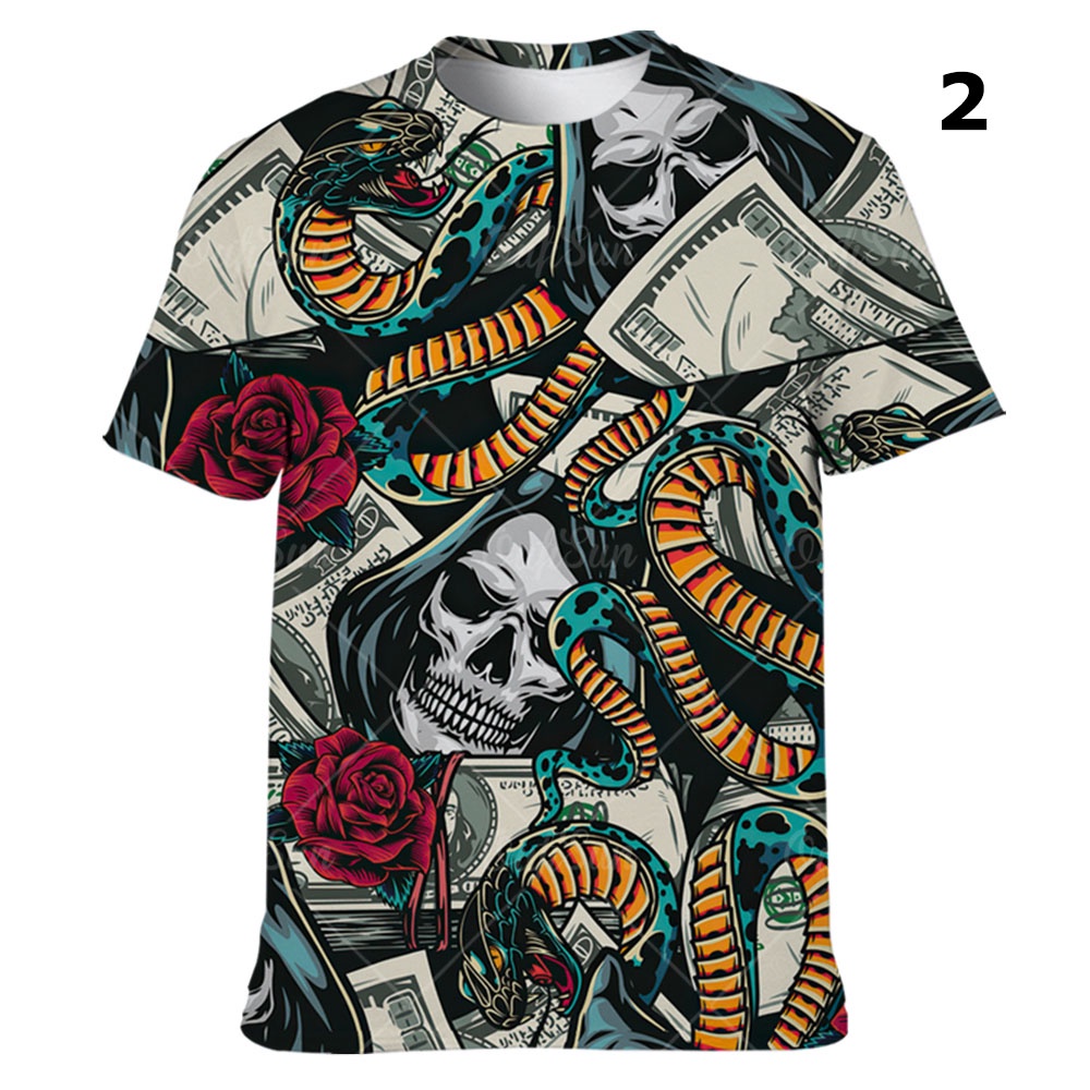Áo nam Tay Ngắn Cổ Tròn In Hình Đầu Lâu 3D Thời Trang