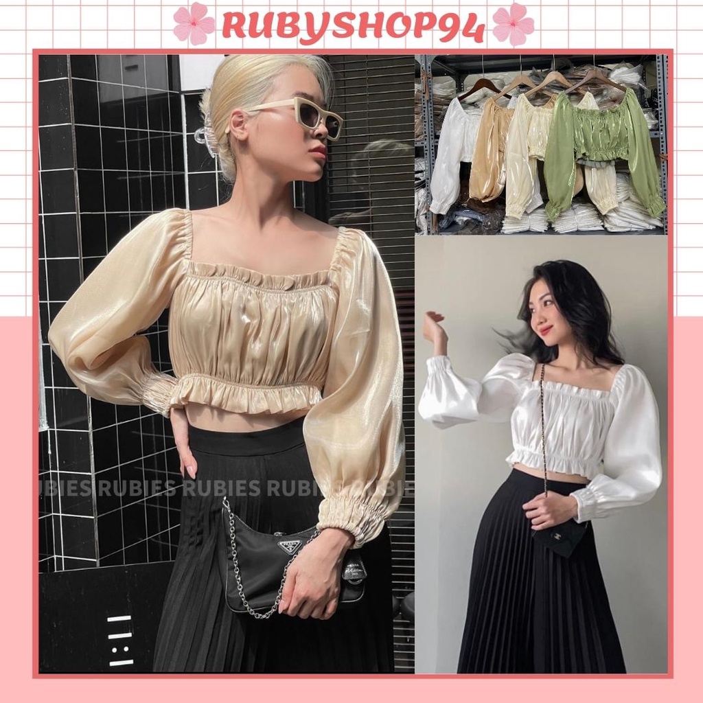 Áo croptop nữ dài tay kiểu ngắn ôm body cổ vuông vải tơ ozganra 2 lớp nhiều màu