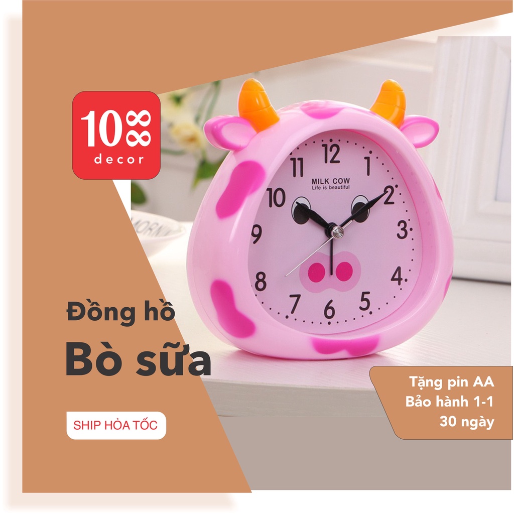 Đồng hồ để bàn có báo thức, trang trí bàn học cho trẻ em hình bò sữa nhiều màu sắc
