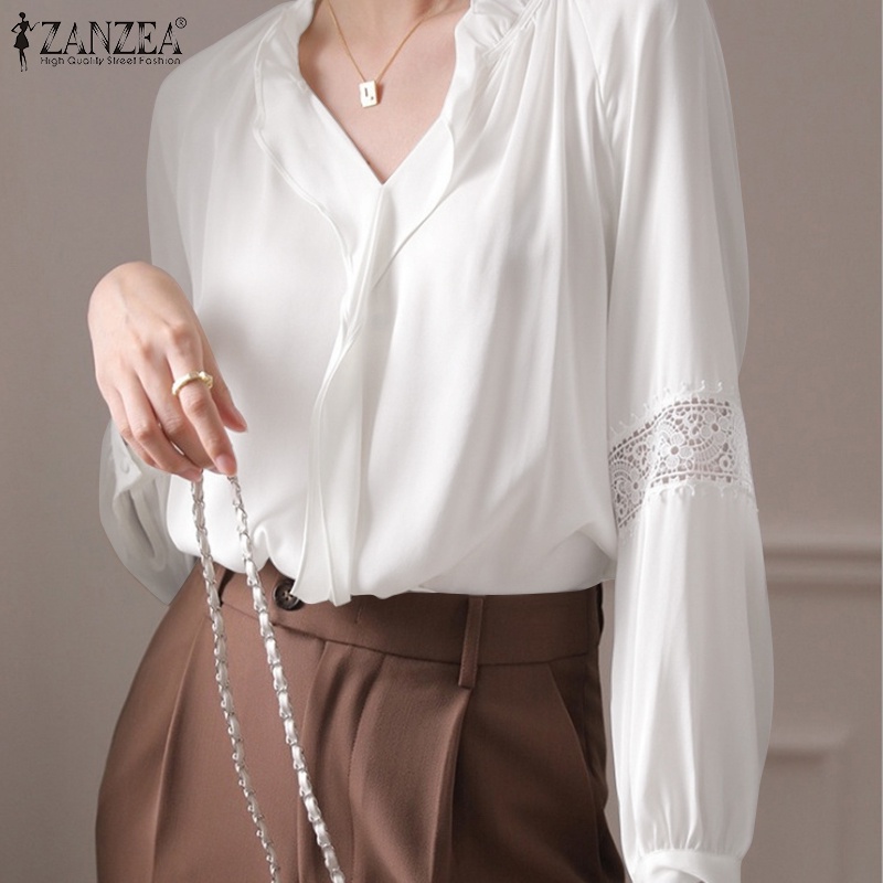 Áo kiểu ZANZEA dài tay cổ chữ V màu trơn phối ren thanh lịch cho nữ zanzea