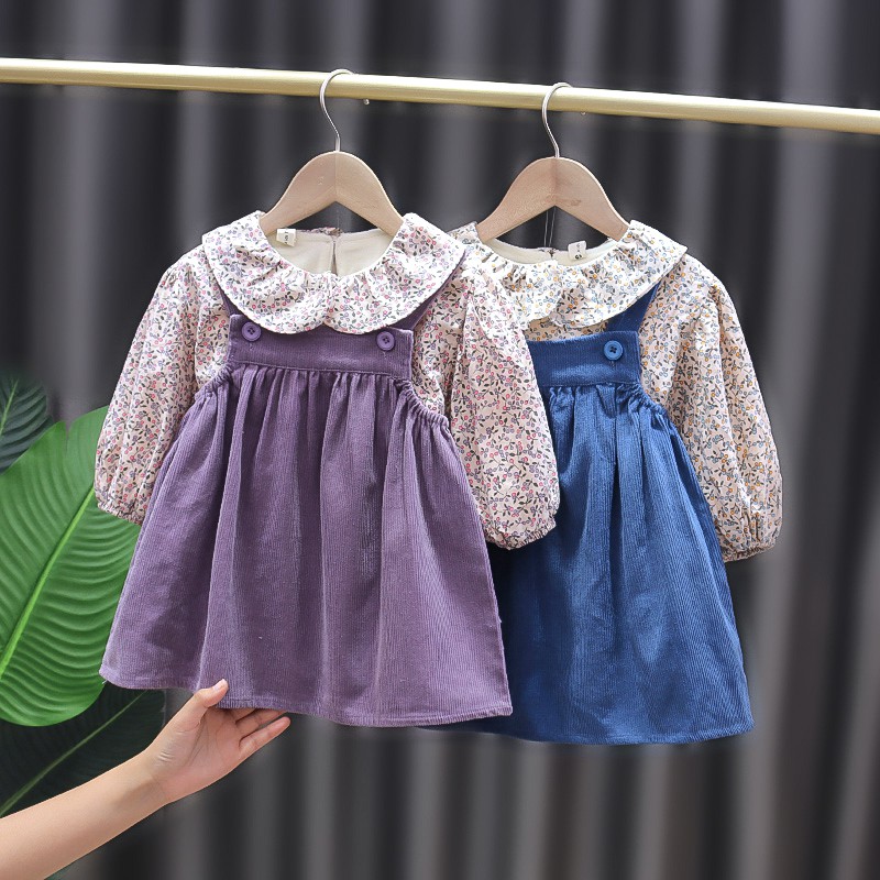 Bộ đầm hai dây phối áo sơ mi vải nhung hoa đáng yêu dành cho bé gái 1-4 tuổi