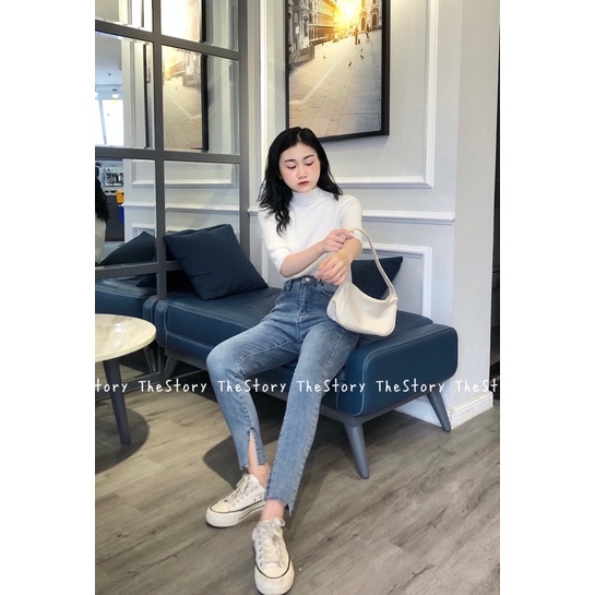 [STR] Quần jean dài ôm xẻ vạt lệch gấu Q655