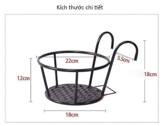 Giỏ hoa treo ban công - Chậu hoa, cây cảnh Có Móc Treo, khung thép chắc chắn, sơn tĩnh điện màu đen-trắng