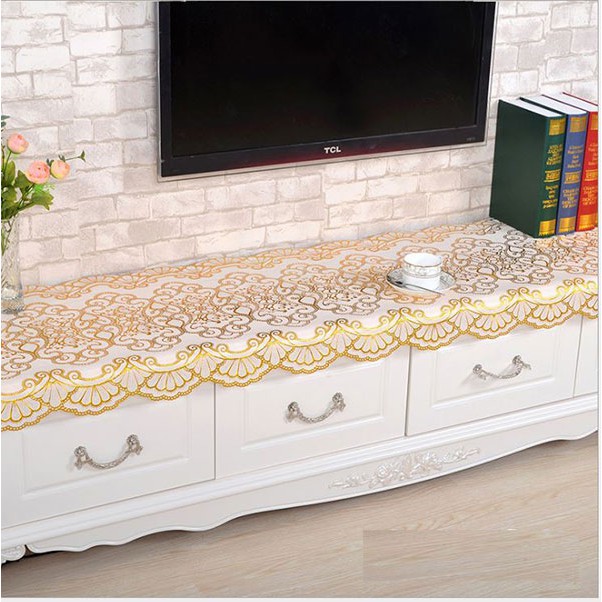 Khăn Trải Bàn Dài Kệ Tivi 50x1m-2m5 Nhũ Vàng  Chống Thấm Bẩn Sang Trọng