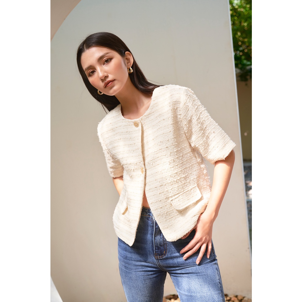 Happy Zoo - Áo tweed cổ tròn 2 nút kem | BigBuy360 - bigbuy360.vn